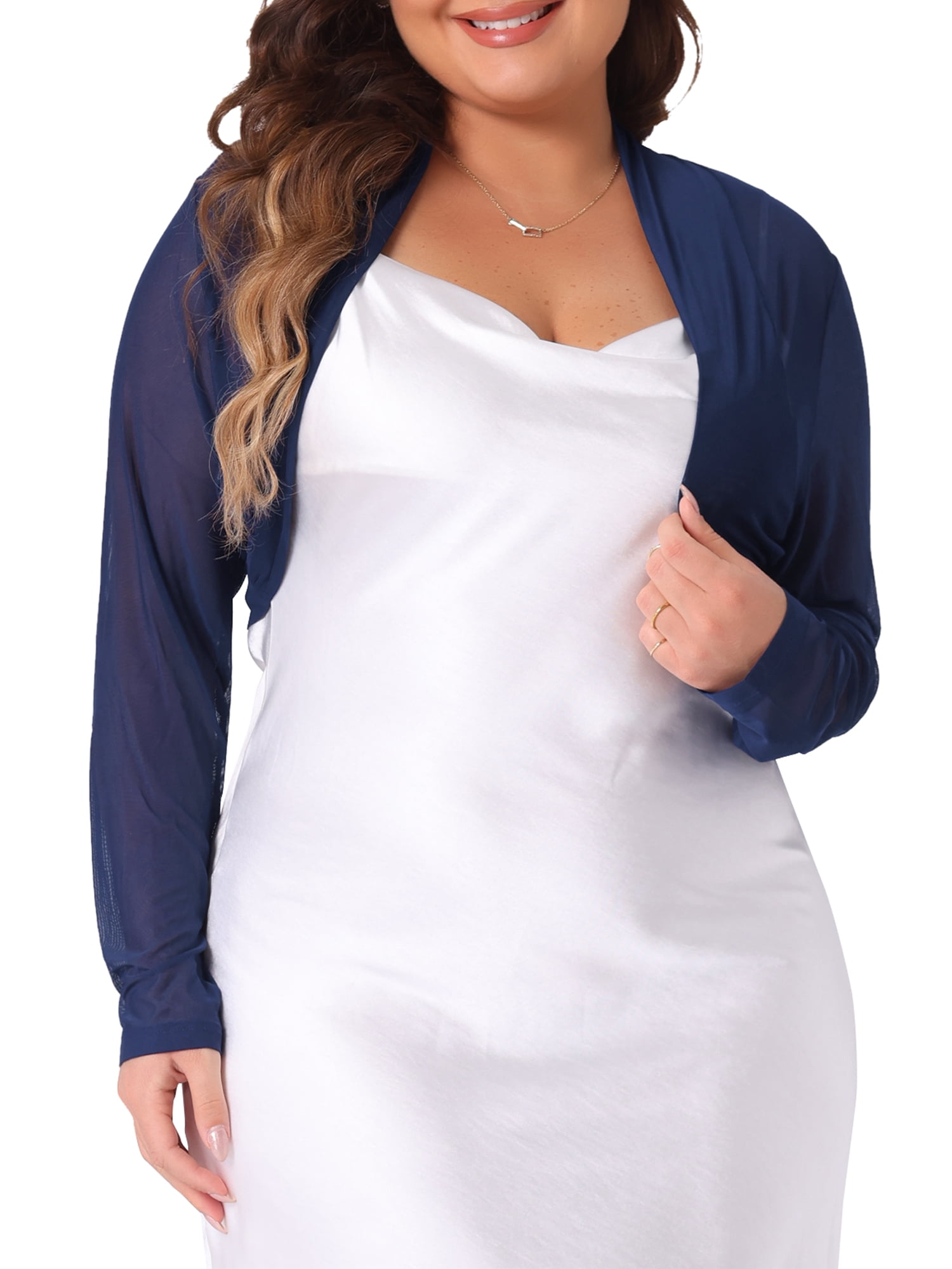 DARING DIVA Women's Plus Size Mesh Crop Long Sleeve Sheer Bolero Shrug Top 4X Navy Blue