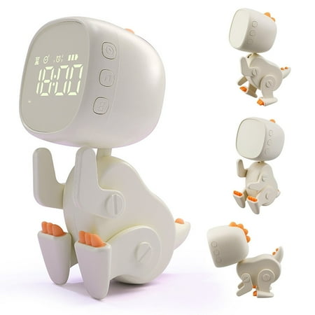 QIGEEKU Digital Alarm Clock for Children, Boys, Dinosaur Alarm Clock with Variable Shape, Snooze, Night Light Timer, 6 Alarm Music, Adjustable Brightness and Volume, USB Charging (Beige)