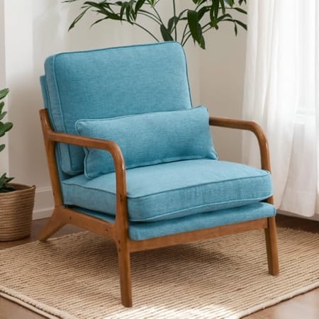 Accent Chair Mid-Century Modern Chair with Pillow Linen Fabric Upholstered Lounge Arm Chair with Solid Wood Frame & Soft Cushion for Living Room, Bedroom, Balcony, Teal$$Furniture