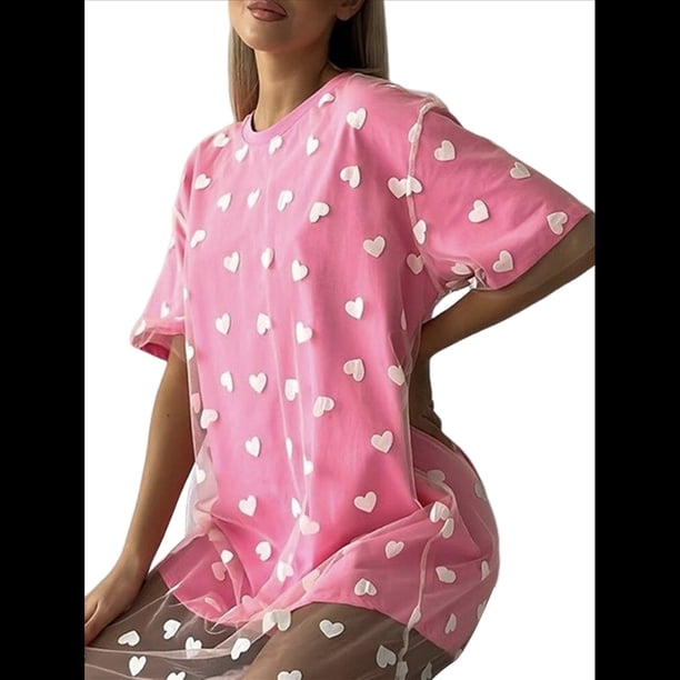 Vestido Maxi Informal de Vacaciones para Mujer, con Cuello Redondo, Suelto, de Empalmada y Estampado de Amor. Rosa Talla Única