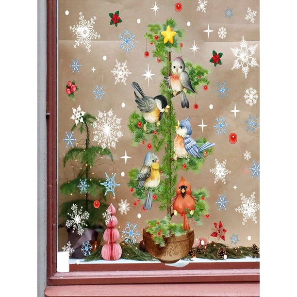 Calcomanías de pared de árbol de Navidad creativas, copos de nieve, pájaros, ventana de vidrio, tienda, gabinete, decoración de festivales, Póster Artístico, decoración Mural
