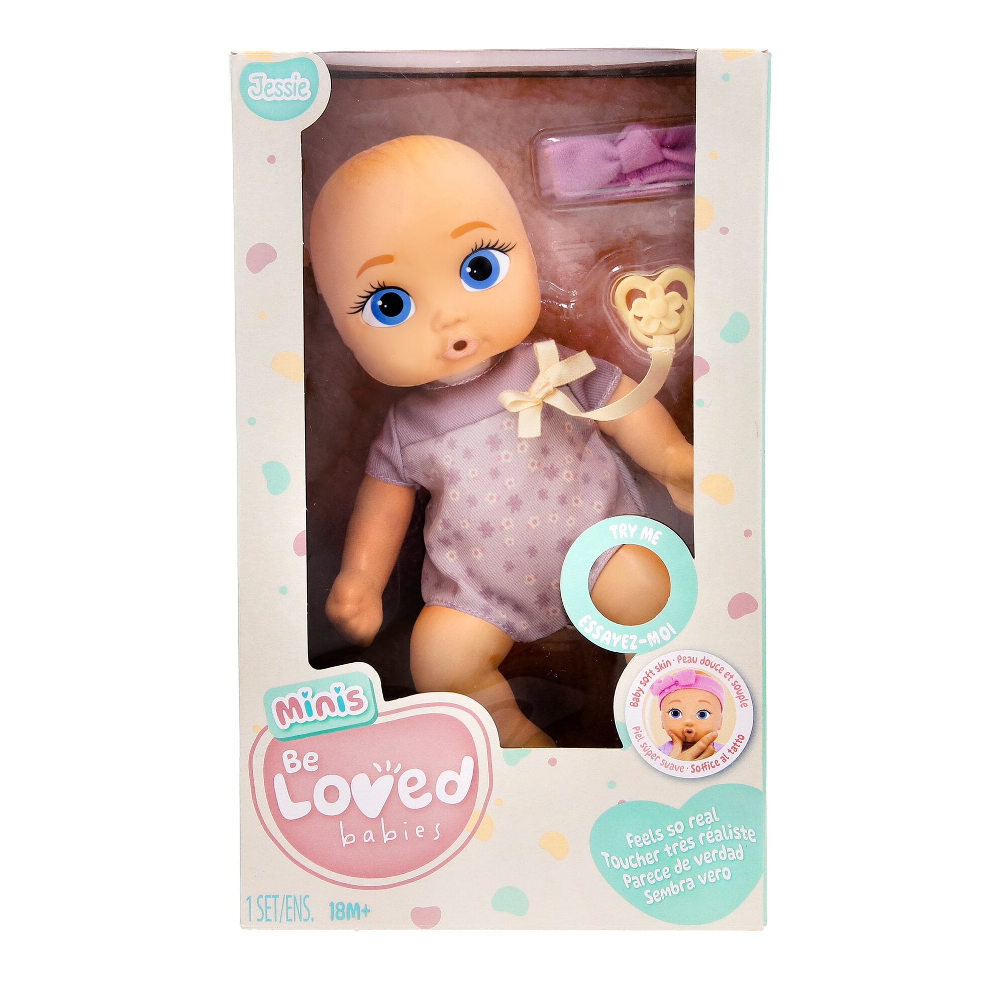 Be Loved Babies Mini Jessie Realistic Doll, Soft Skin, Lilac Outfit, 9-inch tall,18M+