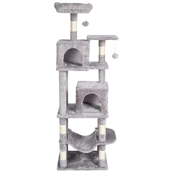 KFFKFF Feline Structure, 63" Feline Stand with Dual Kitty Houses, Sisal Scratch Pole, Relaxing Swing, Elevated Lounging Spot,Leaping Stages,Spacious Cat Play Equipment with Dangling Sphere,Pale Grey
