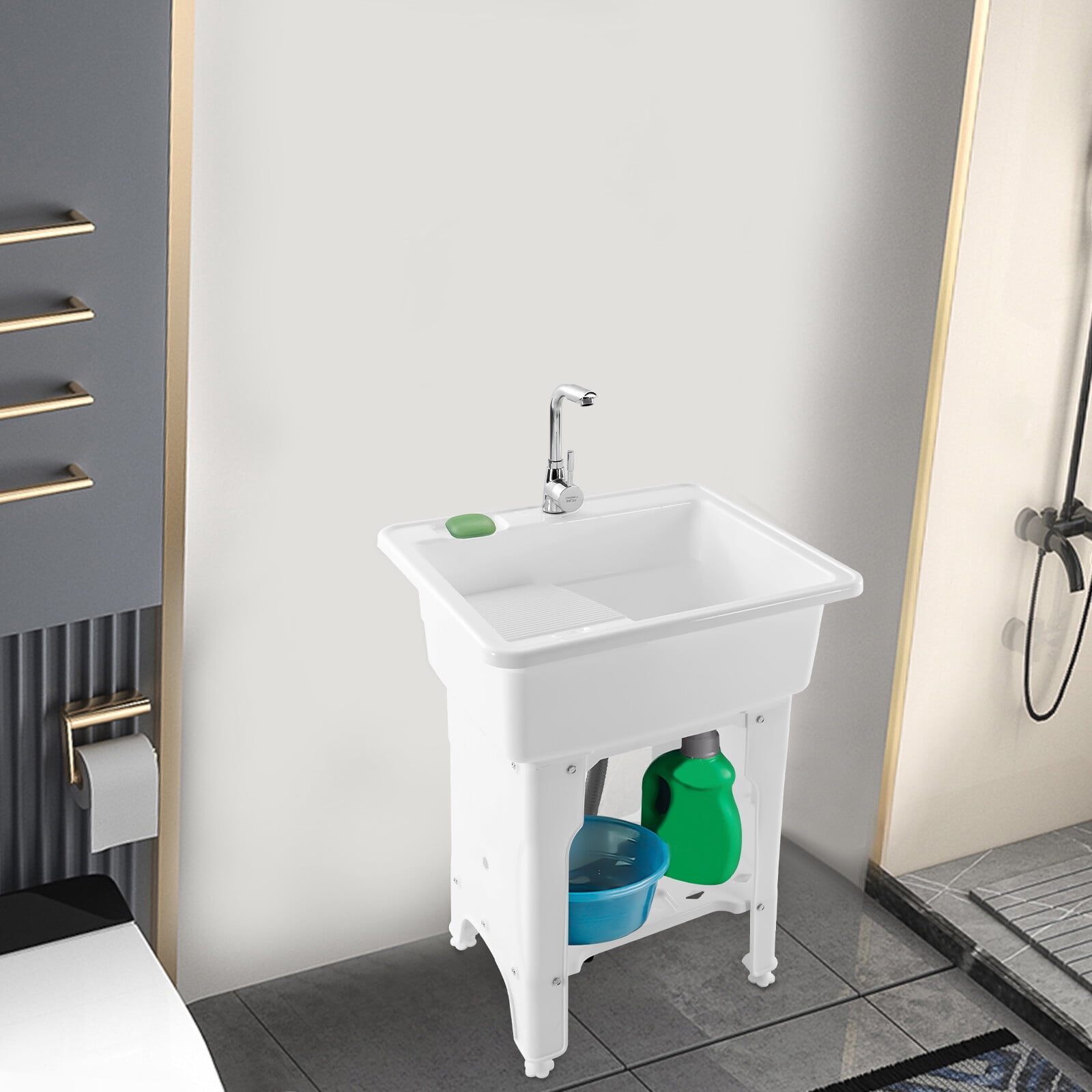 Utility Sink Laundry Tub Wash Bowl Basin Laundry Sink w/ Faucet Washboard US