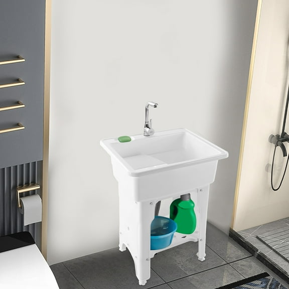 Freestanding Laundry Sink with Washboard Utility Sink with Cold and Hot Water