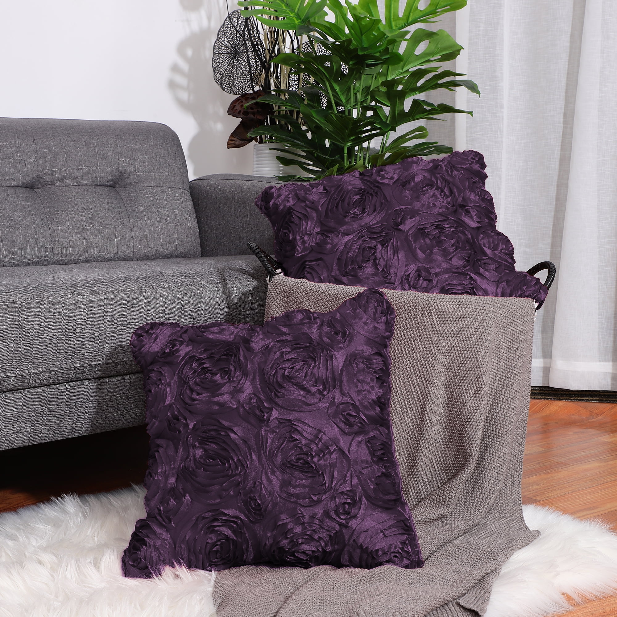 2pcs 3D Satin Rose Flower Throw Pillow Cover Shells.Pure Floral Cushion  Covers for Couch Sofa.16 x 16. Purple