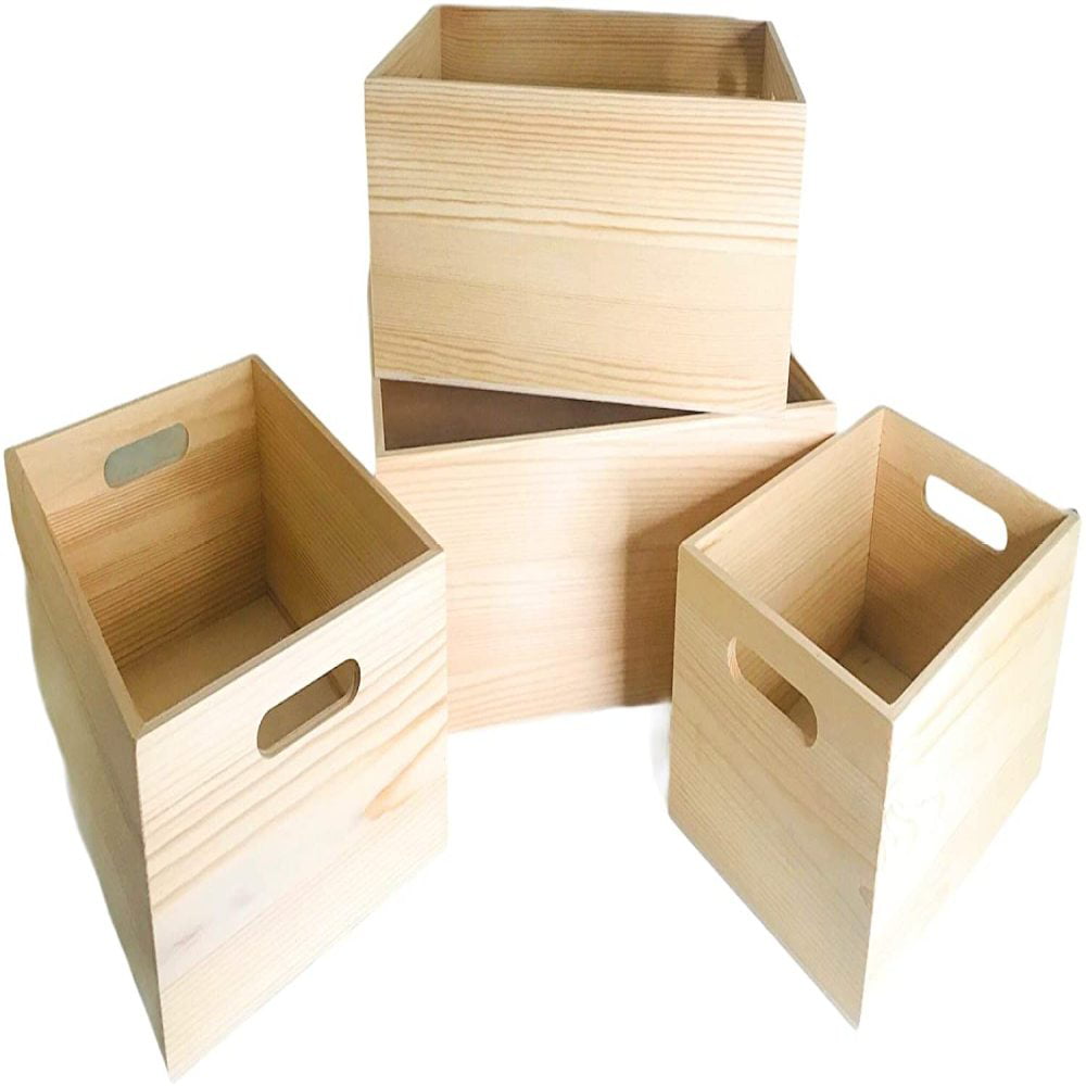 Decorative Nesting Wood Box for Storage Set of 4 Unfinished 4 Pack Storage DIY Wood Crates Cutout Handles Organization and Display