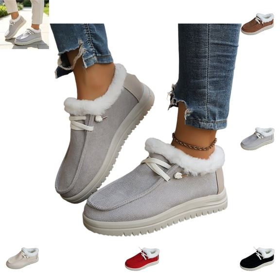 YOUYEDIAN Loafers for Women Fall Winter Versatile Slip On Plush Warm Fashion Lace-up Design Platform Flats Casual Outdoor Comfy Walking Shoes