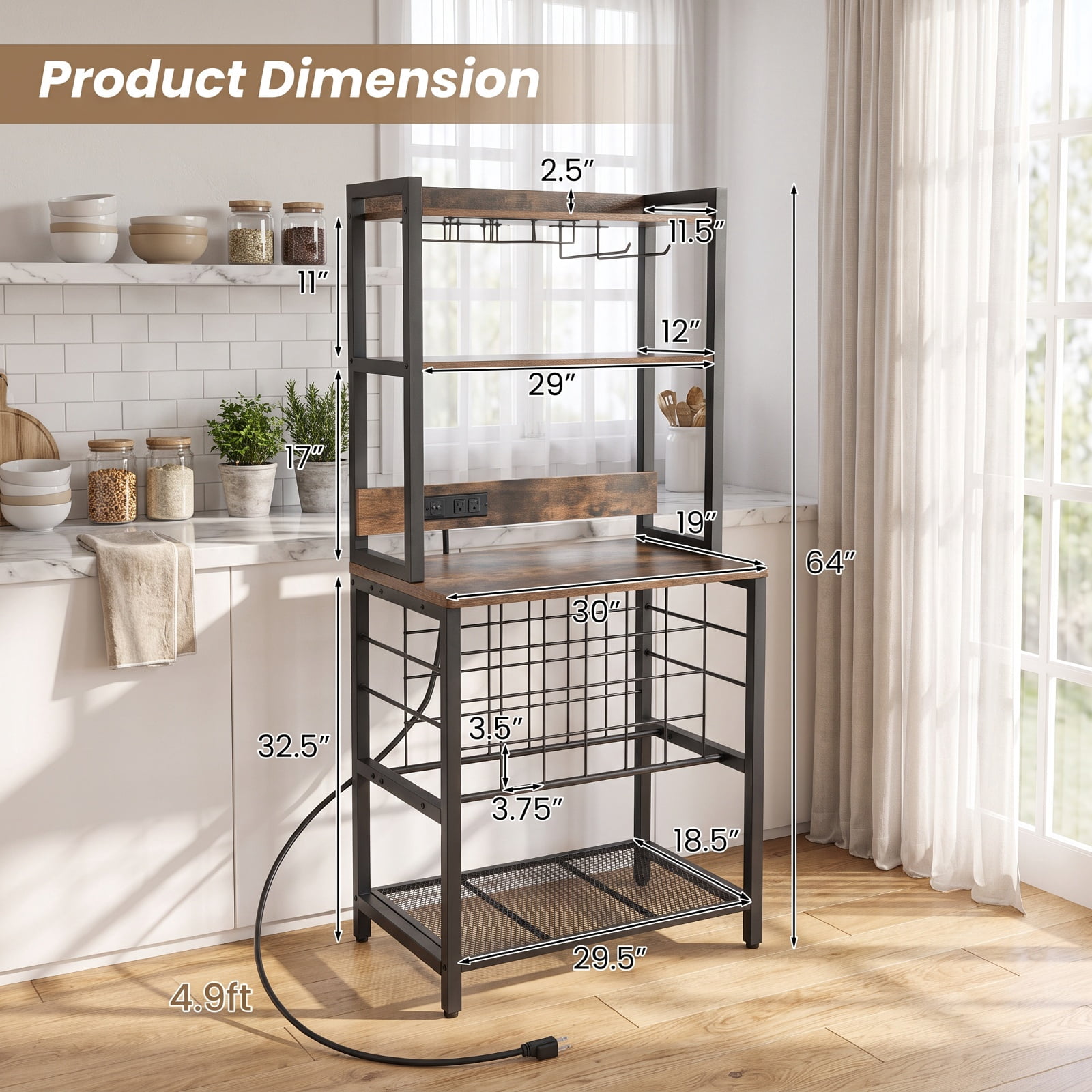 RUIE Wine Bar Cabinet with Power Outlets, Industrial Bar Cabinet with Wine Rack Glass Holders 4-Tier Storage for 24 Bottles, Kitchen Dining Room, Brown