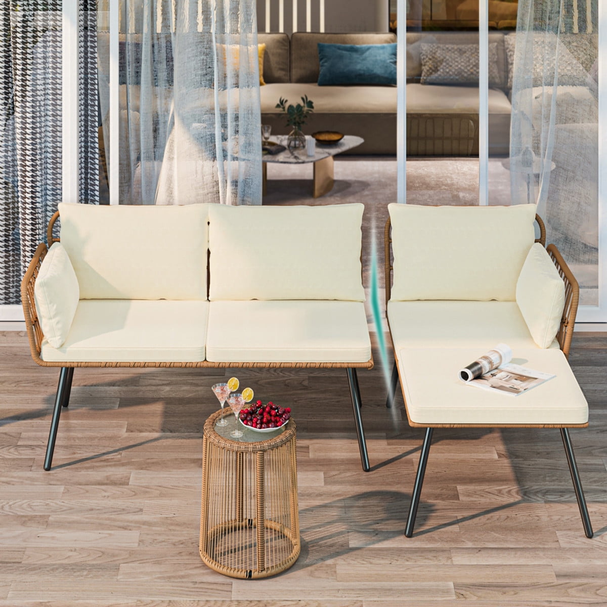 Dextrus L-Shaped Patio Sofa, All-Weather Wicker Boho Patio Conversation Set with Tempered Glass Coffee Table & Cushions, Outdoor Furniture