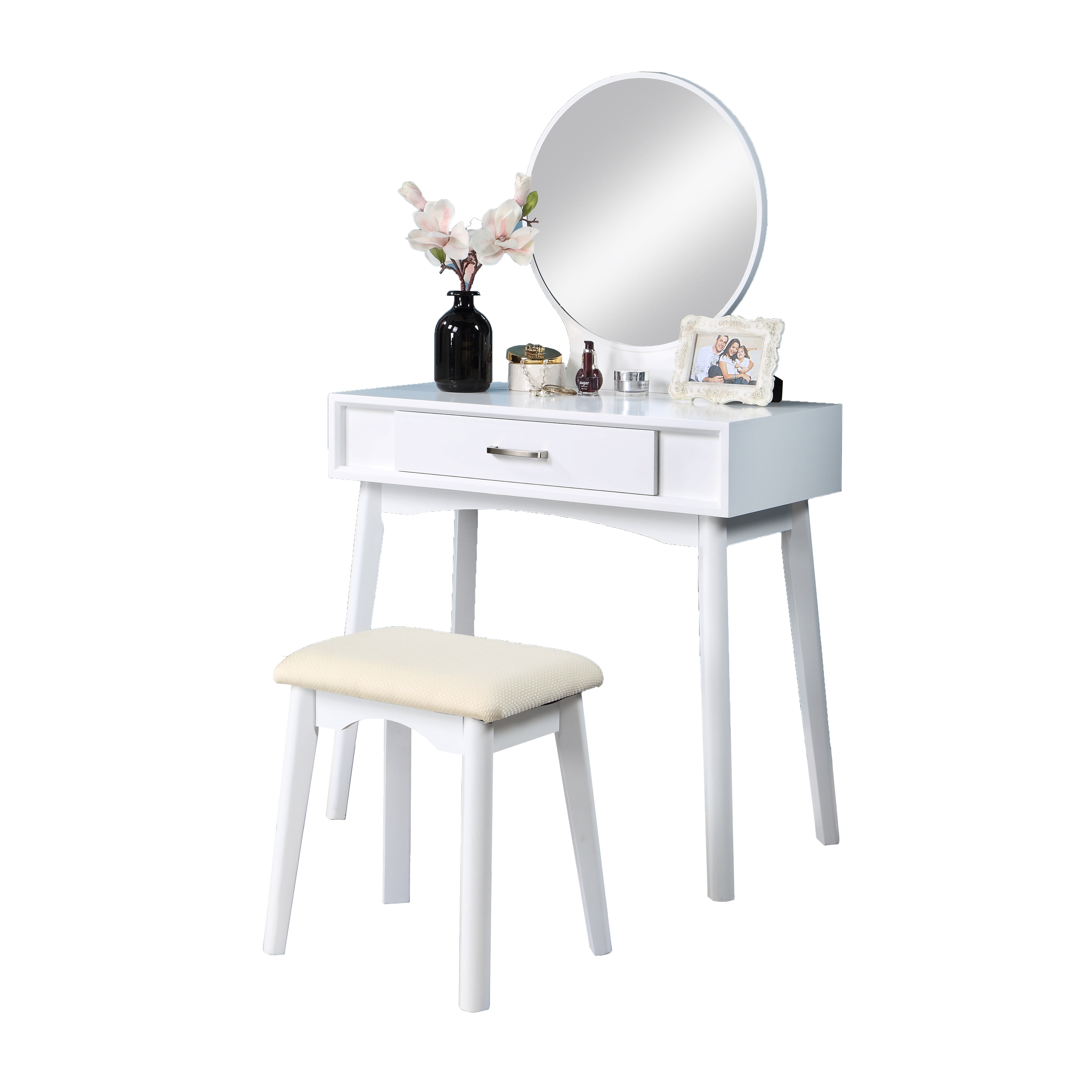 Mintazer Modern Vanity Table Set, Round Mirror Makeup Dressing Table with Drawers & Upholstered Stool for Bedroom, White
