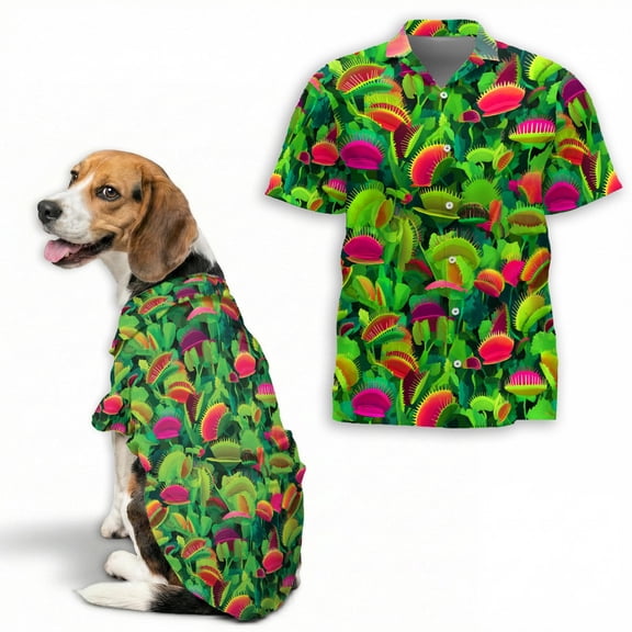Venus Flytrap Hawaiian Shirt for Adults and Dogs, Tropical Botanical Button Down Matching Outfit for Pets and Owners