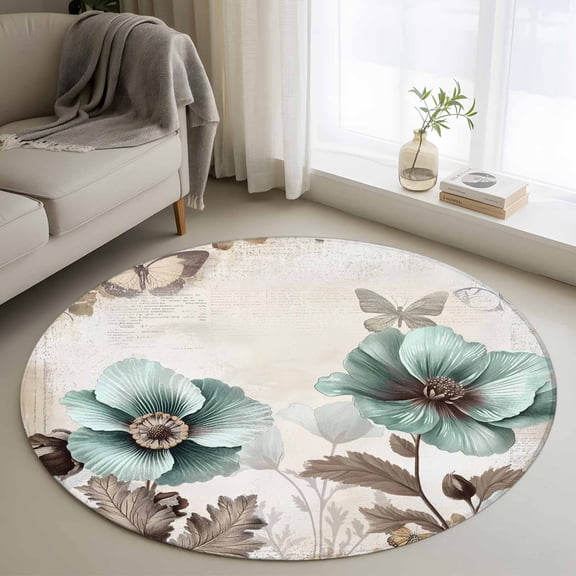 3.3ft Round Rug, Teal Brown Spring Floral Non-Skid Rubber Backing Large Area Rugs - Living Room Bedroom Home Office, Vintage Flowers Elegant Botanical Indoor Floor Mat Carpets Washable Rug