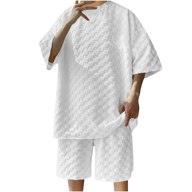Conjunto de Manga Corta Pantalones Cortos Cuello Redondo de Color Sólido Casual Dos Piezas, Traje Ligero para el Aire Libre, el Ocio Y Todos los Días