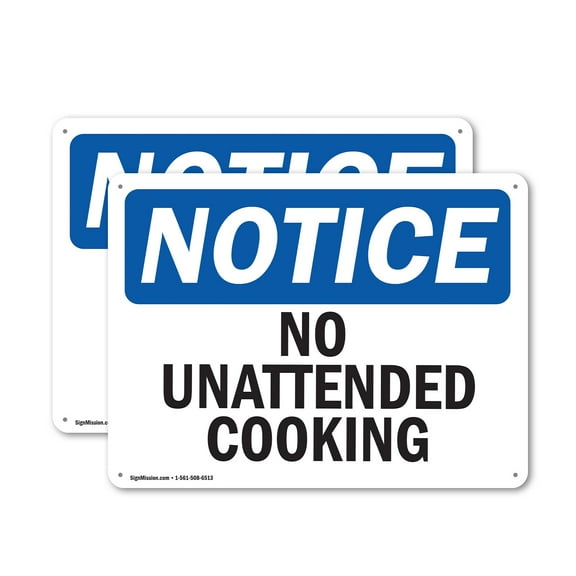 (2 Pack) No Unattended Cooking OSHA Notice Sign 14 Inch X 10 Inch Indoor / Outdoor Rust-Free Aluminum Metal Signs for Workplace, Workshop, and Construction Site, Made in the USA