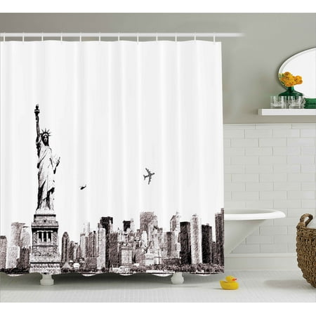 Urban Shower Curtain Cityscape Of New York City Famous Statue Liberty And Skysers Drawing Print Fabric Bathroom Set With Hooks 69w X 75l