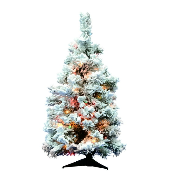 Pre-Lit 36" x 24" Alaskan Dura-Lit Artificial Christmas Tree, Flocked White on Green, Multi-Colored Lights