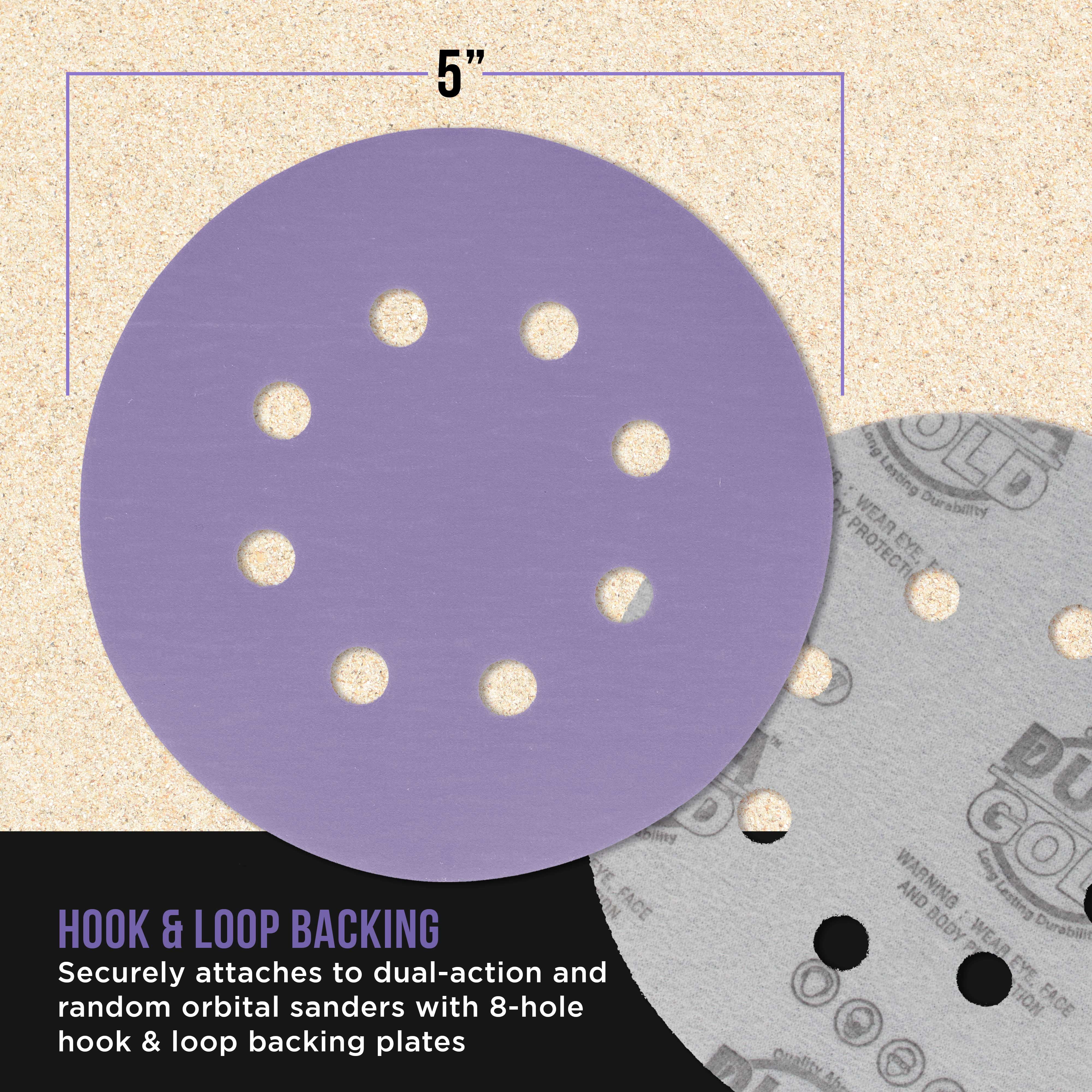 Dura-Gold 2000 Grit 5" Purple Film Ceramic Sanding Discs, 8-Hole Pattern, Box of 50 - Dustless Hook & Loop Backing Sandpaper for DA & Random Orbital Sanders - Detail Color Sand Auto Paint Wood