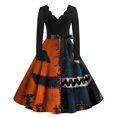 thumbnail image 2 of Women's Halloween Dress Witch Hat Skeleton V Neck 1950s Cocktail Casual Dress Long Sleeve Hepburn Funny Retro Dresses with Belt 4XL, 2 of 5