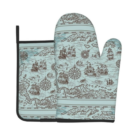 

Xecao Pirate Adventure Map Pattern Oven Mitts and Pot Holders Sets Heat Resistant Silicone Oven Mittens Extra Thicken Long Kitchen Cotton Oven Glove for Cooking