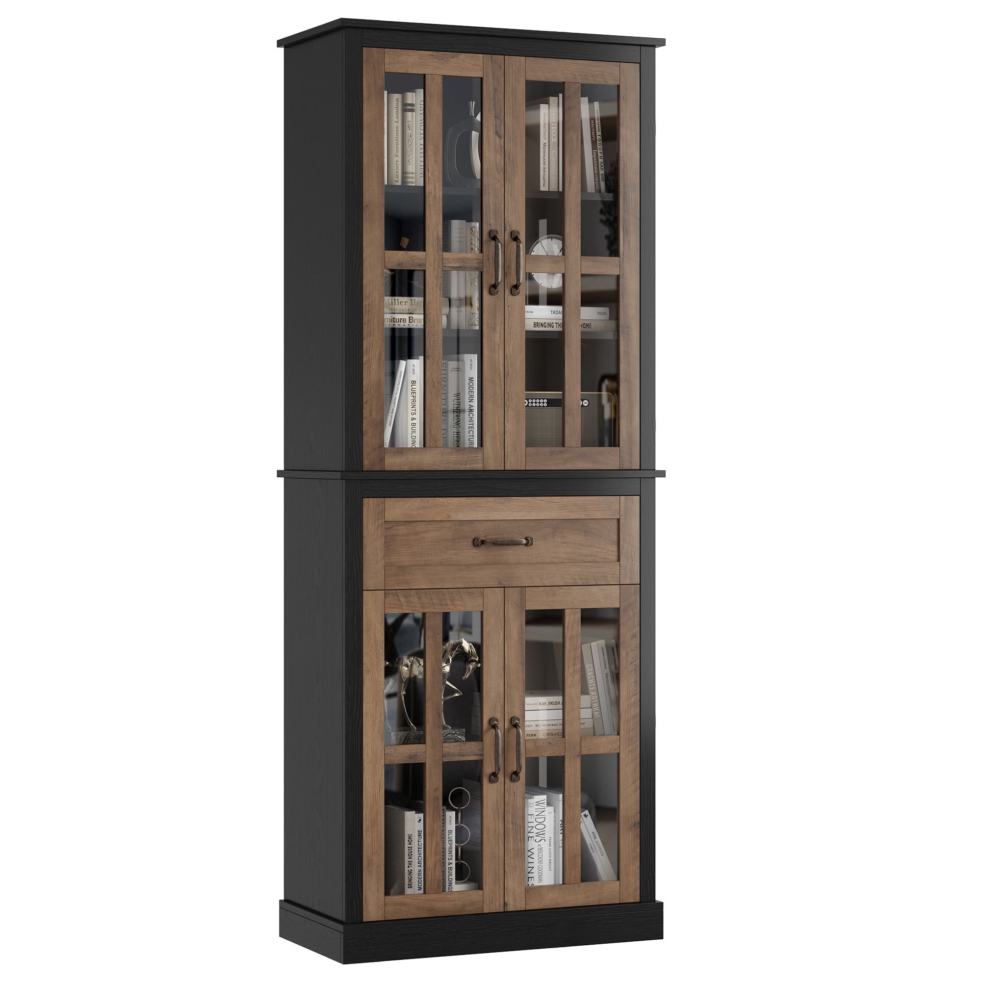 Homfa Modern Storage Cabinet with Glass Doors, 71'' Kitchen Pantry with Adjustable Shelves, Wood Bookcase, Black & Oak