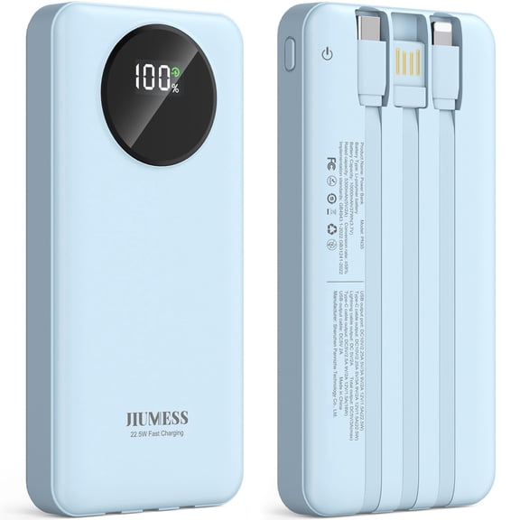 JIUMESS 10000mAh Power Bank with Cables 22.5W Fast Portable Charger Compatible for iPhone, Android