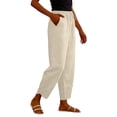 thumbnail image 3 of TZZQ Linen Capris Pants for Women Petite Beach Pants Straight Wide Leg Casual Drawstring Elastic Waist Cropped Trousers with Pockets Loose Comfy Summer Tulip-Hem Ankle Length Trousers Beige L, 3 of 9