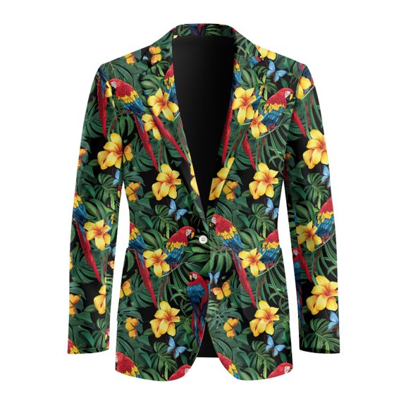 Uourmeti Bird and Flower Patterns Single-Breasted Men's Blazer, Slim Fit Polyester Regular Fit Suits Set for Business Casual