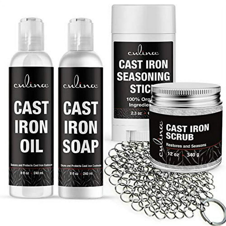 Culina Cast Iron Seasoning Stick & Soap & Oil Conditioner & Restoring Scrub & Stainless Scrubber | All Natural Ingredients | Best for Cleaning, Non-S
