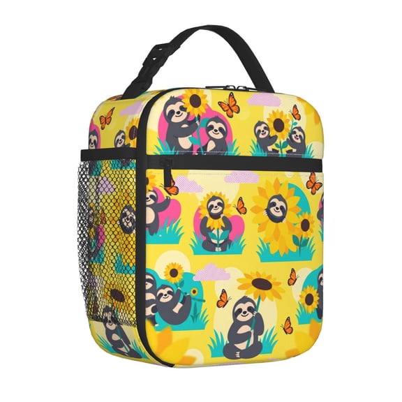 Sloth Lunch Bag Insulated Reusable Cooler Tote Portable Meal Prep Bag Side Mesh Pocket Work Office Picnic Travel