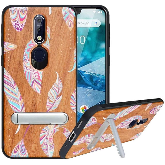 Labanema Nokia 7.1 2018 Case, Nokia 7.1 2018 Cover with Metal Kickstand, Natural Wood TPU Cover, Anti Scratch Case for Nokia 7.1 2018 (Feather)