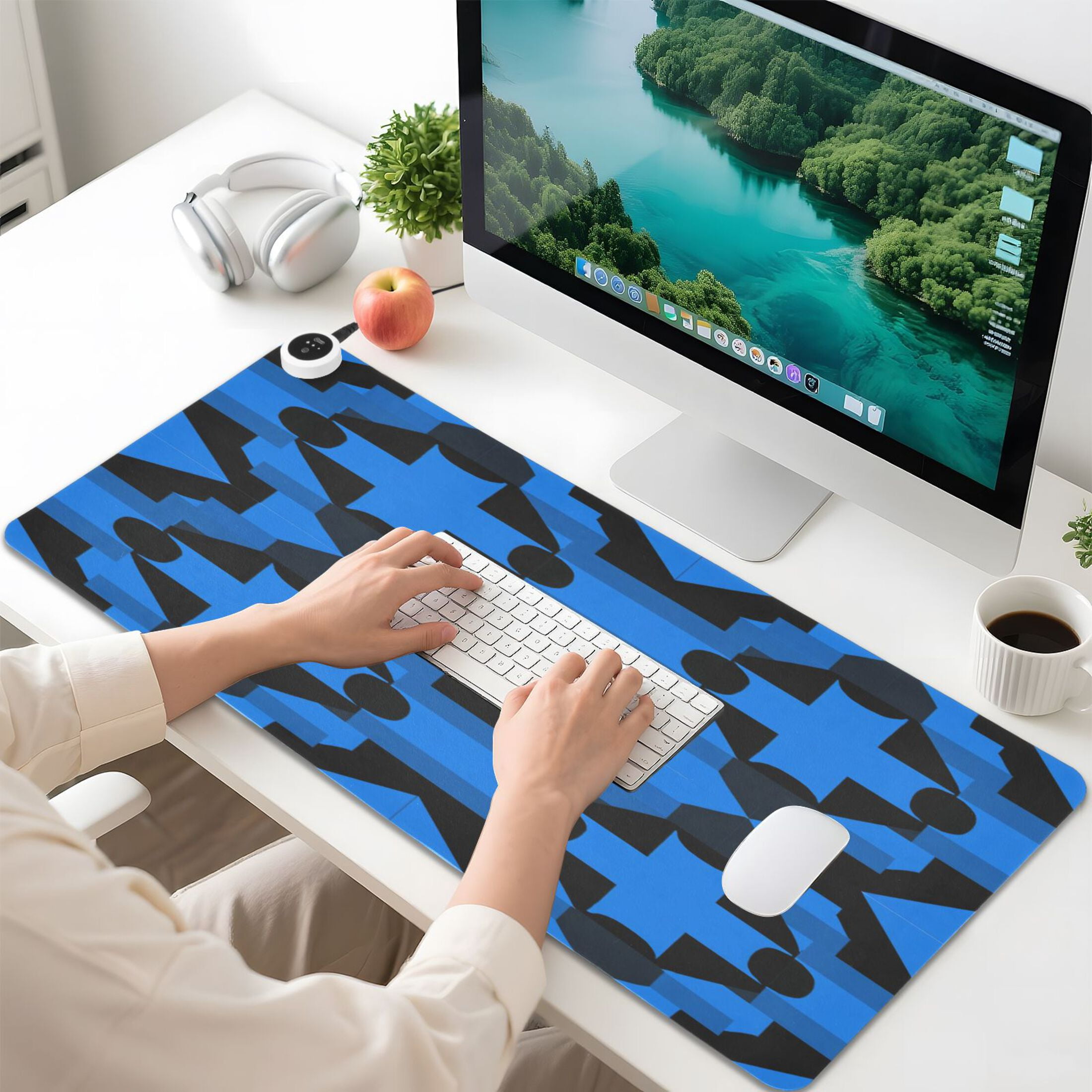 Large Heated Desk Mat Mouse Pad 31.5"x13"PU Leather Graphene Heating Desk Warmer with 3 Temperature Settings 110V US Plug Non-Slip Warm Pad for Home, Office, and Gaming Dark Blue Black Plaid