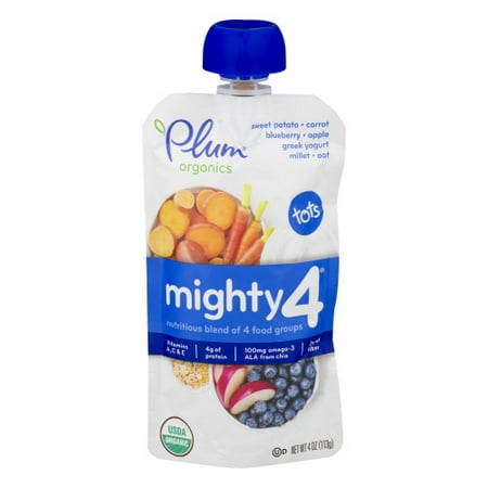 (4 Pack) Plum Organics Mighty 4 Blends Sweet Potato, Carrot, Blueberry, Apple, Greek Yogurt, Millet, Oat, 4oz