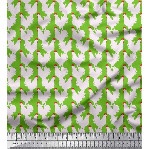 Soimoi Green Crepe Silk Fabric Hen Bird Print Sewing Fabric Yard 42 Inch Wide