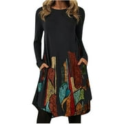 CEHVOM Casual Women O-Neck Long Sleeve Mini Dress Printed Patchwork Dress
