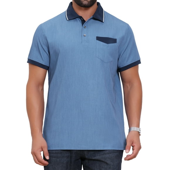 CAMISA POLO DE NEGOCIOS RETRO OCCIDENTAL DE MANGA CORTA PARA HOMBRES INSPIRADA EN EL GOLF, CON ESTIRAMIENTO Y BLOQUEO DE COLOR, TAMAÑO M, AZUL