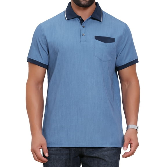INSPIRE CHIC Men's Golf Short Sleeve Western Retro Stretch Color-Block Business Polo Shirt M Blue