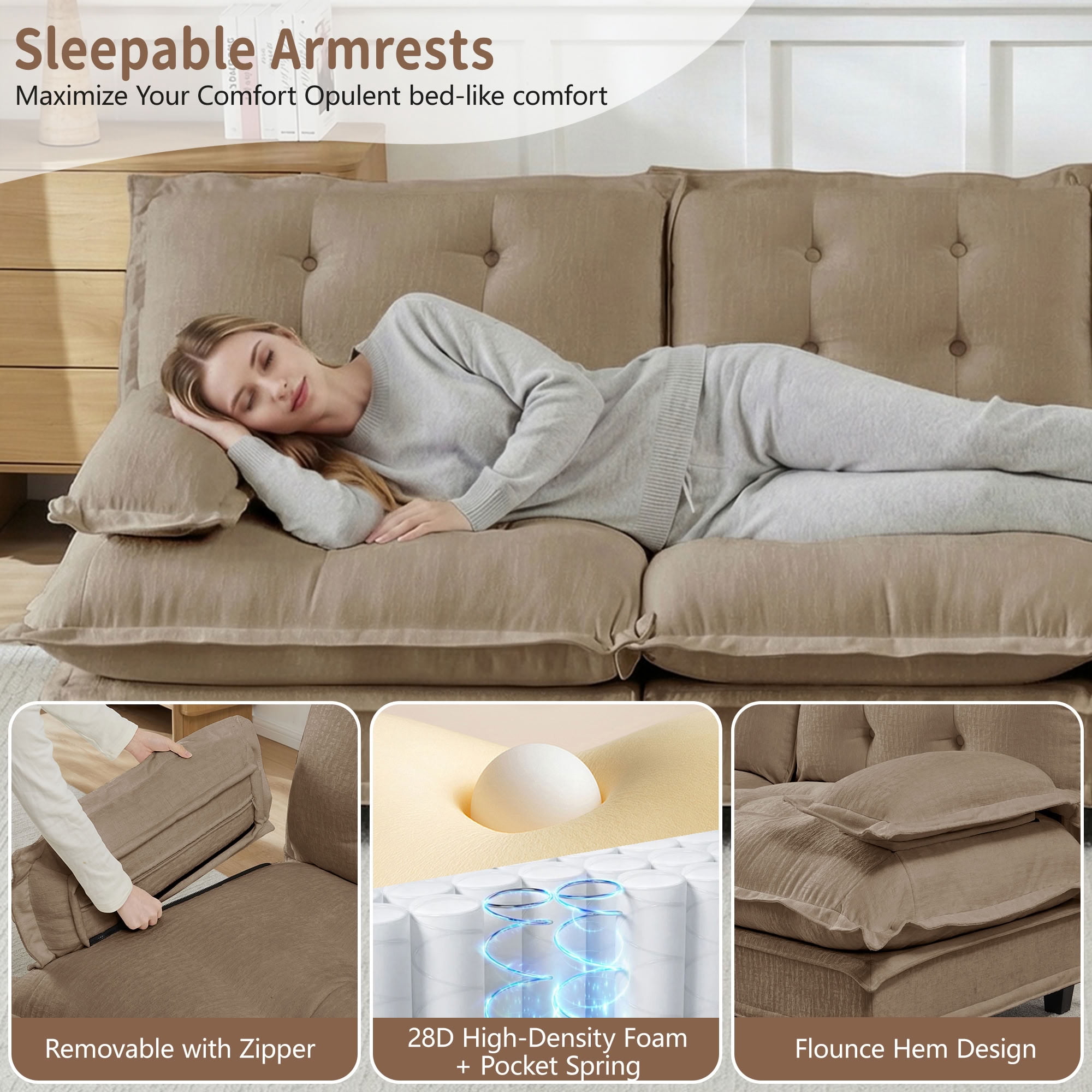 MAYEERTY 77" Cloud Modular Sleeper Sofa with Dual Ottomans, Chenille 2-Seat Sectional Couch for Home & Small Apartment