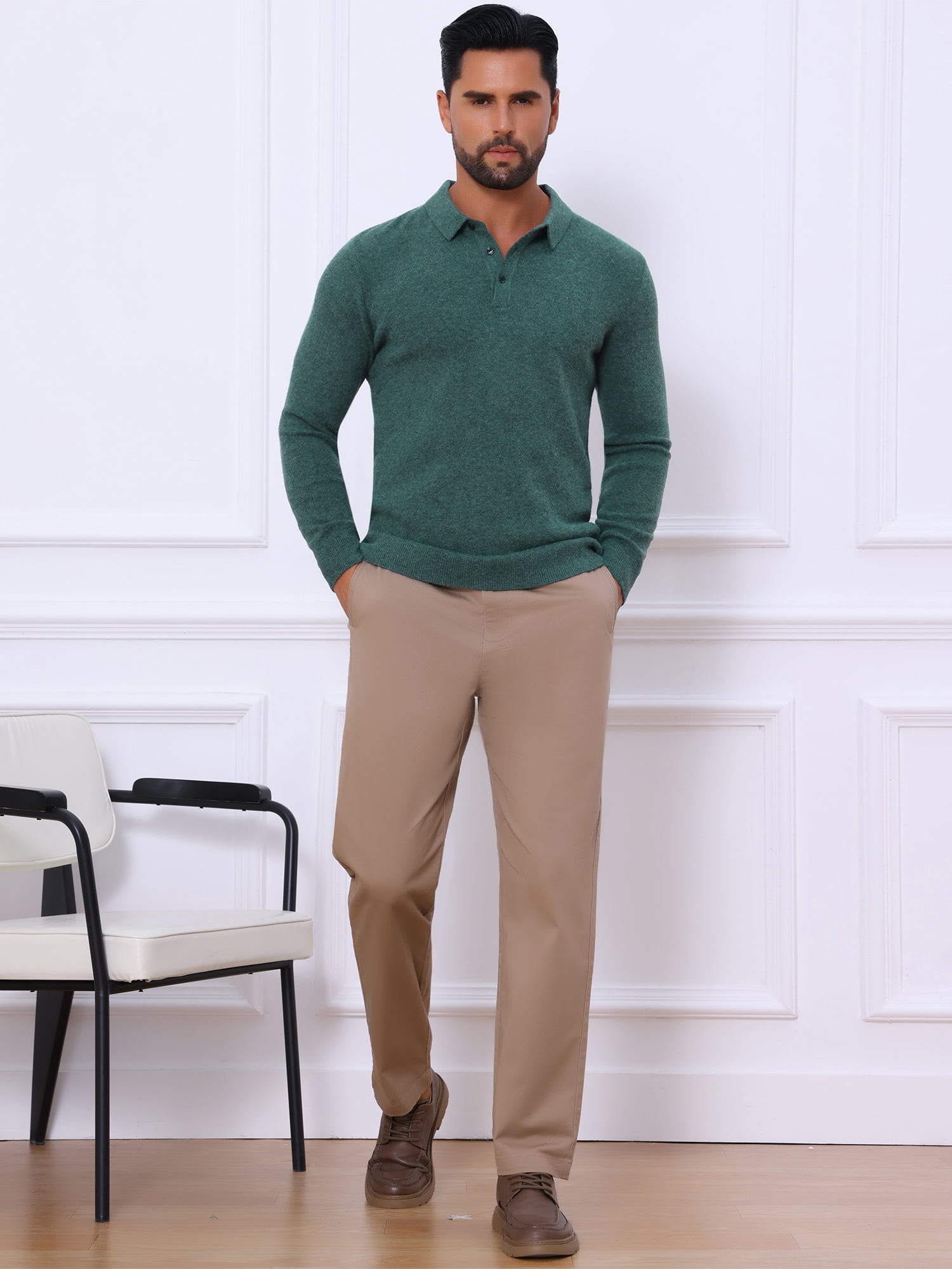 DARING DIVA Men's Long Sleeve Pullover Business Knitted Polo Shirt S Dark Green