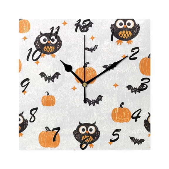 Square Wall Clock Silent Non-Ticking Battery Operated Retro 7.78" Clock for Bedroom Living Room Decor Halloween Owls and Pumpkins Pattern