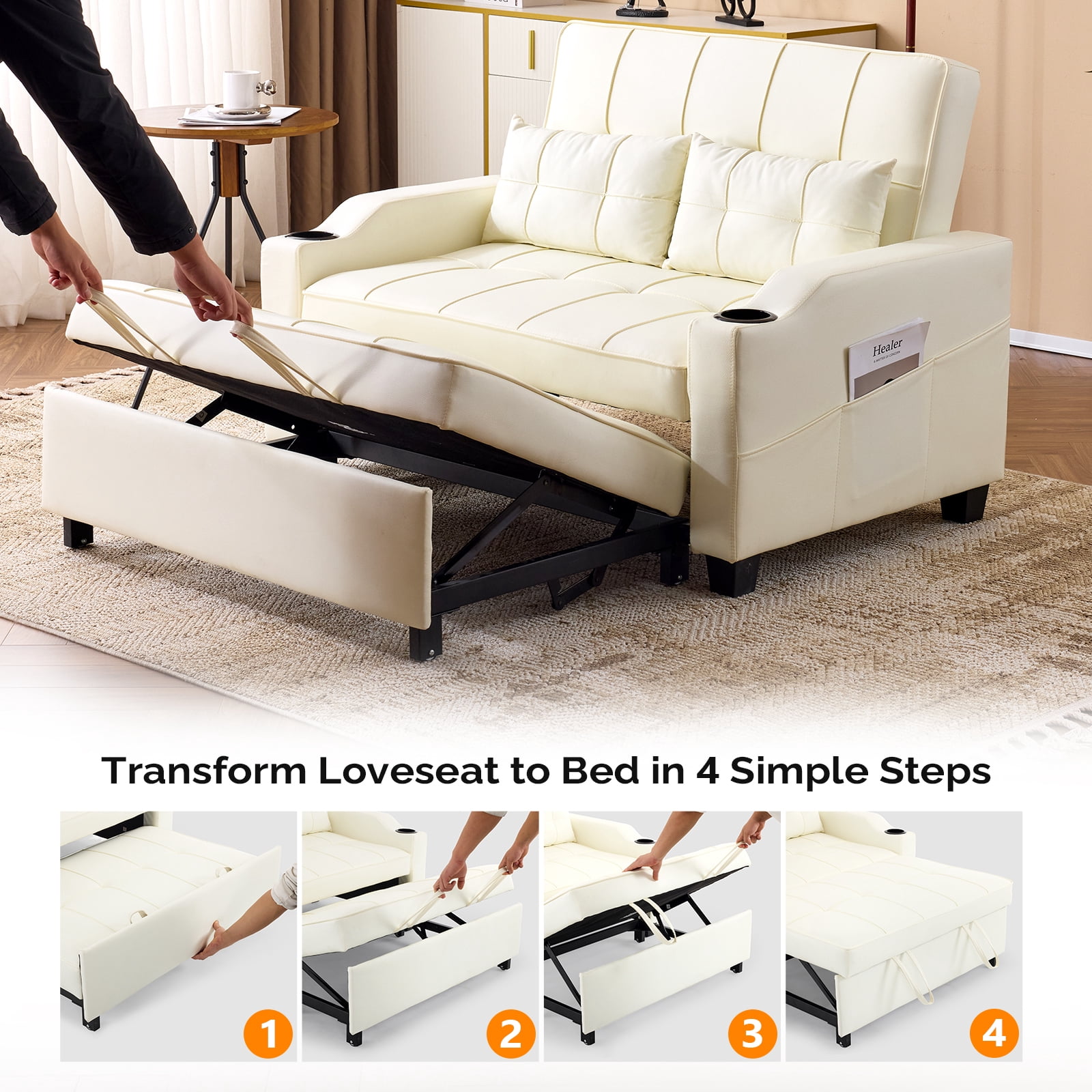 Ktaxon Faux Leather Loveseat Sofa Bed with Side Pockets, Adjustable Backrest Lounge for Living Room, Game Room Beige