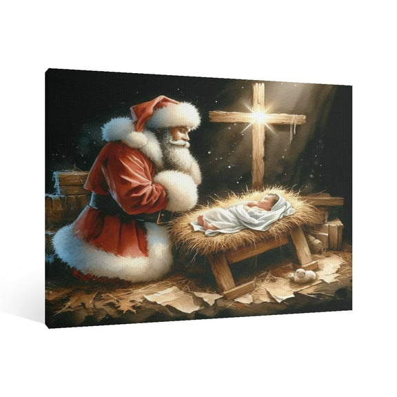 Vintage Christmas Santa Claus and Jesus Nativity Scene Wall Art Paint Framed - Retro Xmas Festive Winter Holiday Christmas Wall Decor Canvas Print for Living Room Kitchen Bathroom Home Bedroom Decor