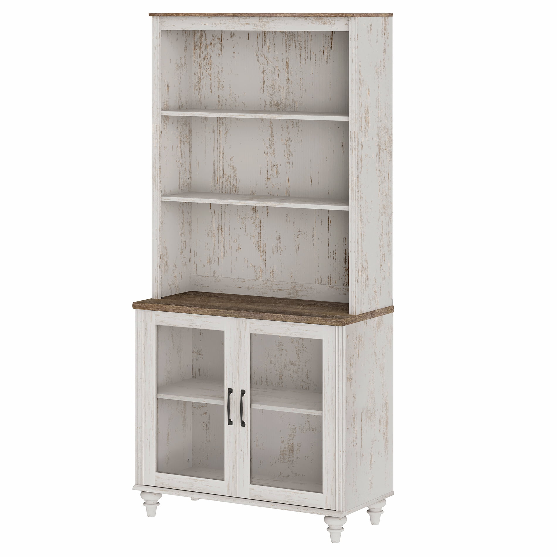 Farmhouse 5 Tier Bookcase With 2 Glass Doors, Rustic White, 33.9" W
