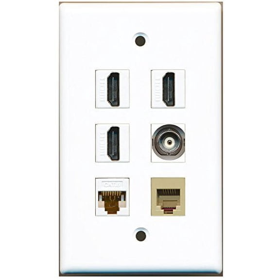 RiteAV - 3 HDMI 1 Port Phone RJ11 RJ12 Beige 1 Port BNC 1 Port Cat6 Ethernet White Wall Plate