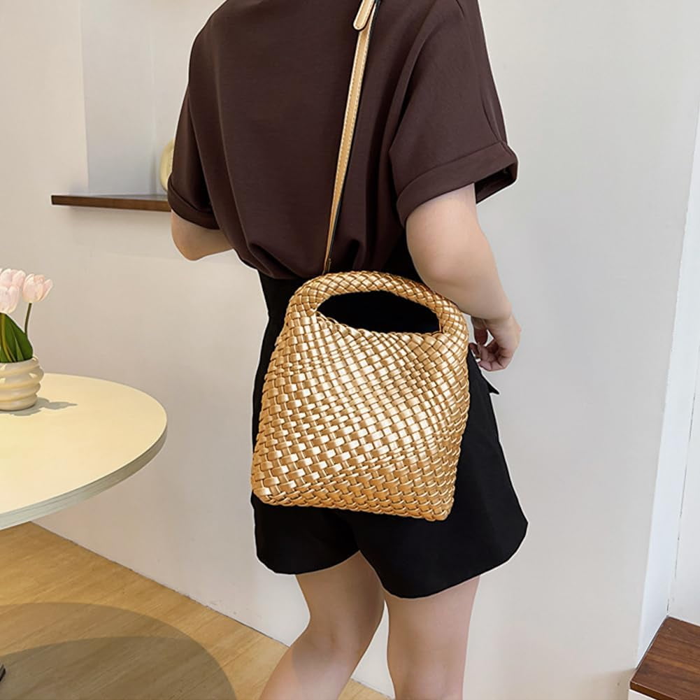 CAILDANL Woven Leather Bags for Women Knoted Women Handbag Designer Shoulder Bucket Purse Handmade Fashion Tote Hobo Bag Small