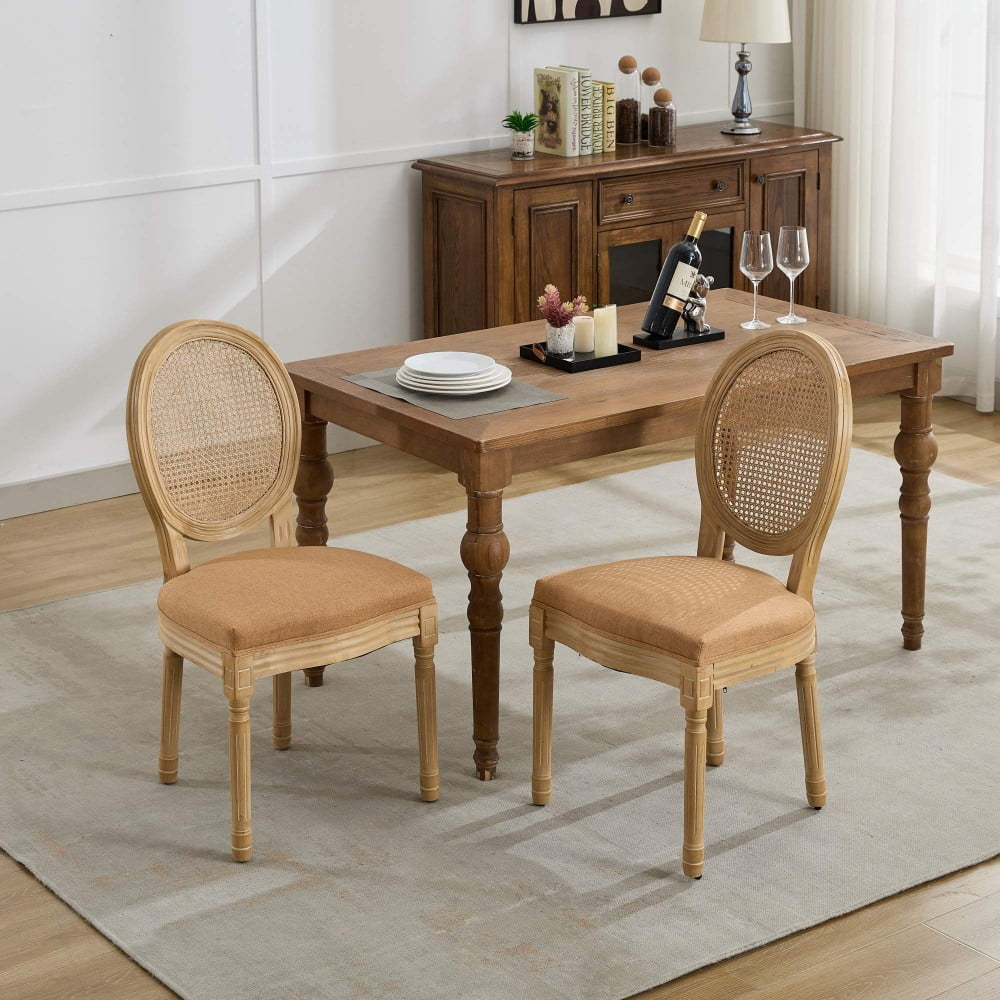 French Style Dining Chairs Set of 2, Solid Wood Upholstered Kitchen Chairs with Rattan Backrest, Linen Fabric, Antique Finish, Tan