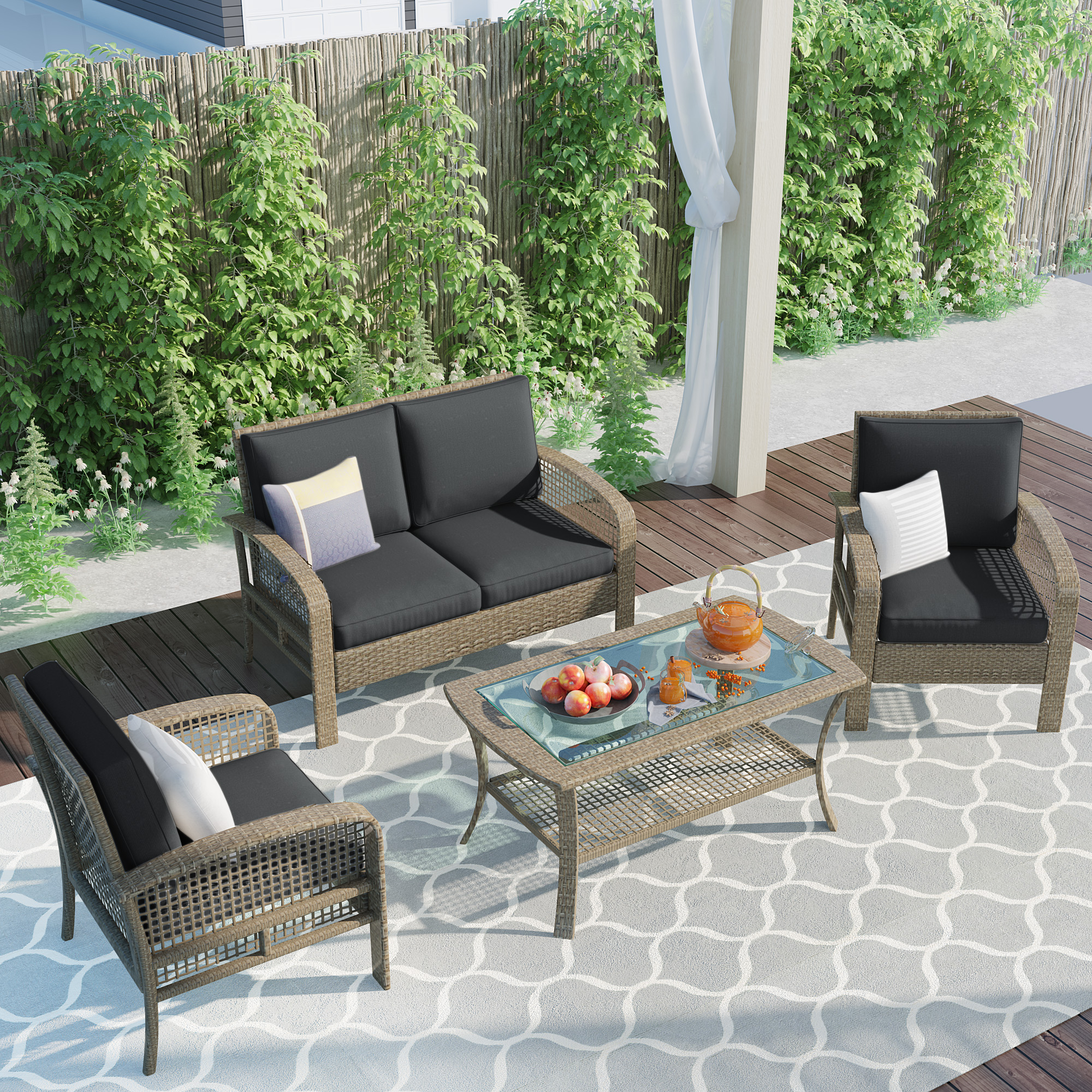 4 Pcs Patio Conversation Sets, PE Rattan Patio Set, Outdoor Bistro Set with Table and Washable Cushions, Patio Porch Sunroom Furniture Set for Garden Poolside Balcony, JA2370 - image 1 of 8