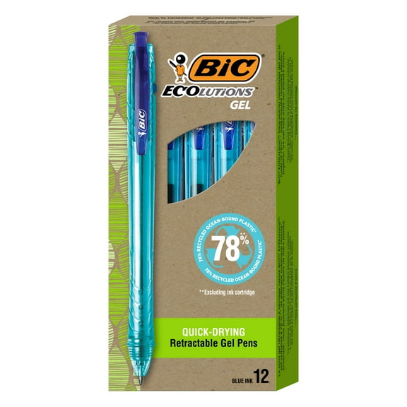 BIC Ecolutions Gel Pens, Ocean-Bound Recycled Plastic, 12-Count Pack, Blue