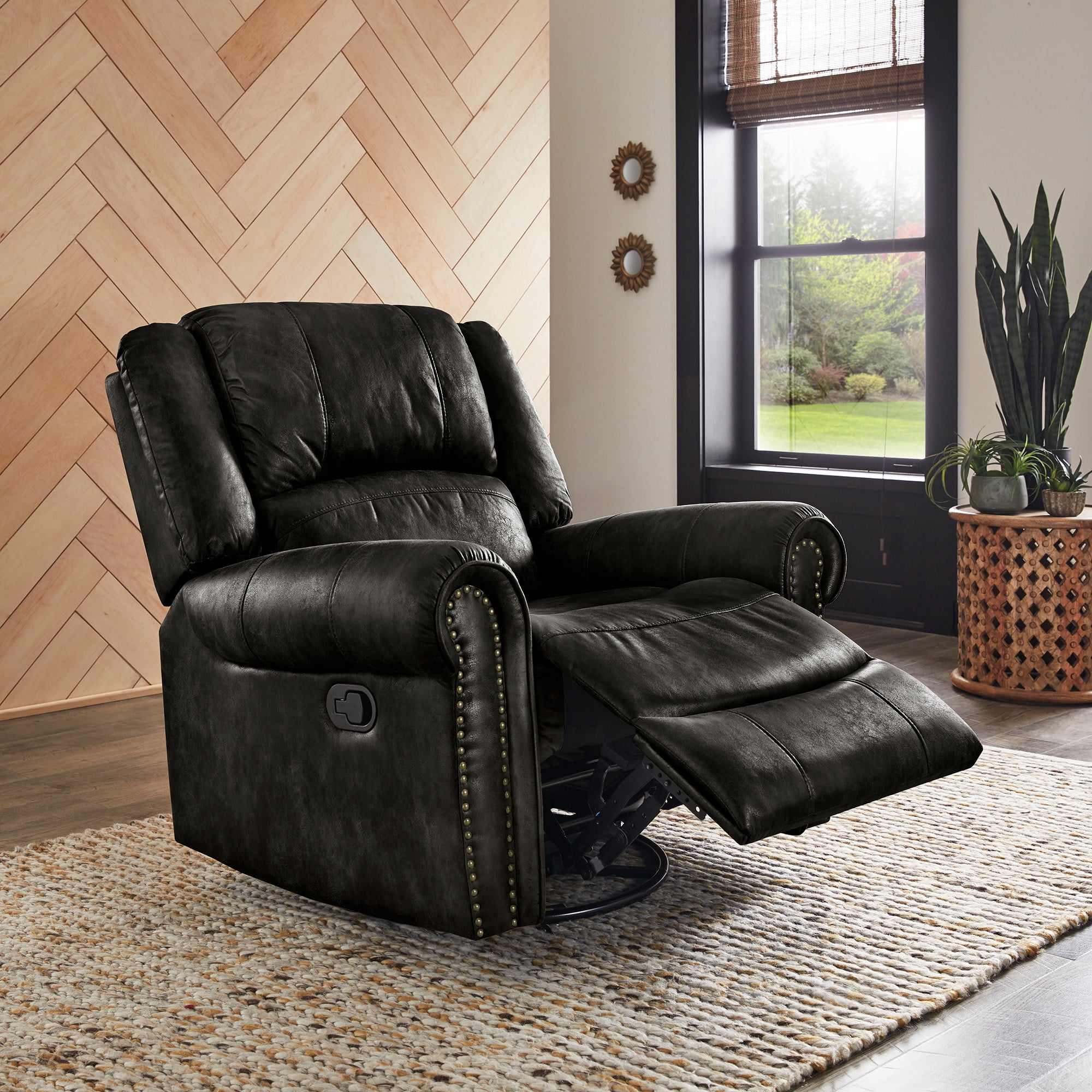 Weston Home Tippecanoe Polished Microfiber Nailhead Swivel Glider Recliner, Black