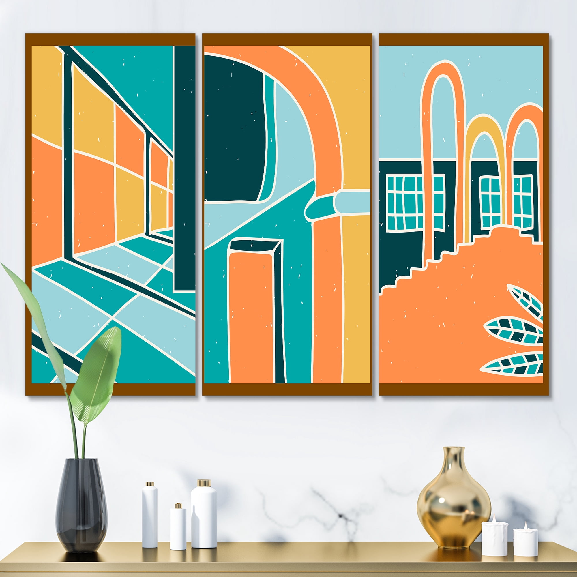 Designart ' Geometric Shapes Vintage Style Building Windows ' Modern Canvas Wall Art Print